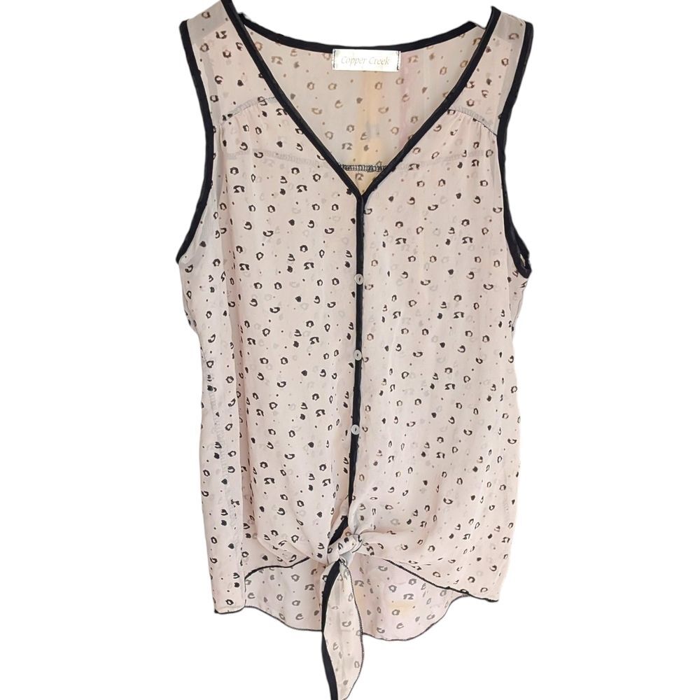 Copper Creek Sleeveless Semi Sheer Cream And Black Blouse With Bottom Tie S